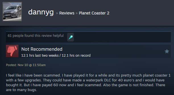 Screenshot showing Steam user reviews of Planet Coaster 2.